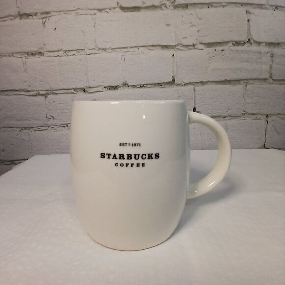 STARBUCKS COFFEE MUG 2008 BARREL SHAPE 16OZ MINIMALIST BLACK LETTERS - Picture 6 of 6